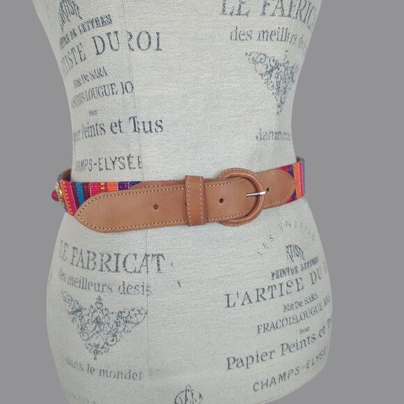 Vintage Textile Guatemala Belt Small Leather Bead - Picture 2 of 8